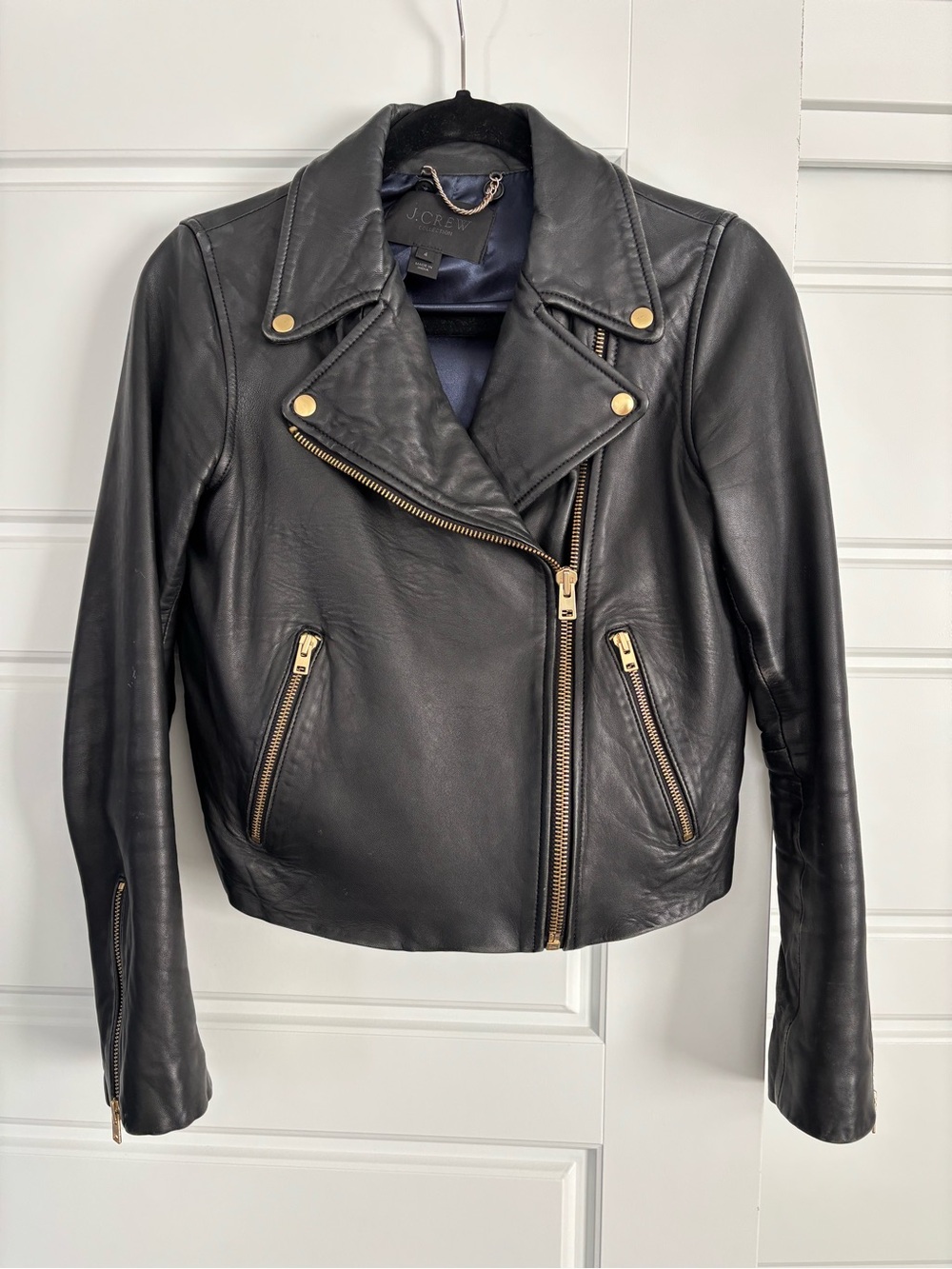 2016 J. Crew Collection Black Leather Moto Jacket with Gold Hardware